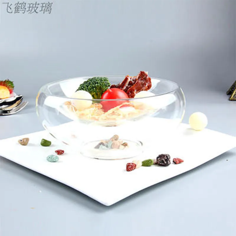 Creative Dry Ice Glass Bowl Fruit Salad Plate Food Cooking Utensils High Temperature Resistance Rmpty Bottom Double Pull