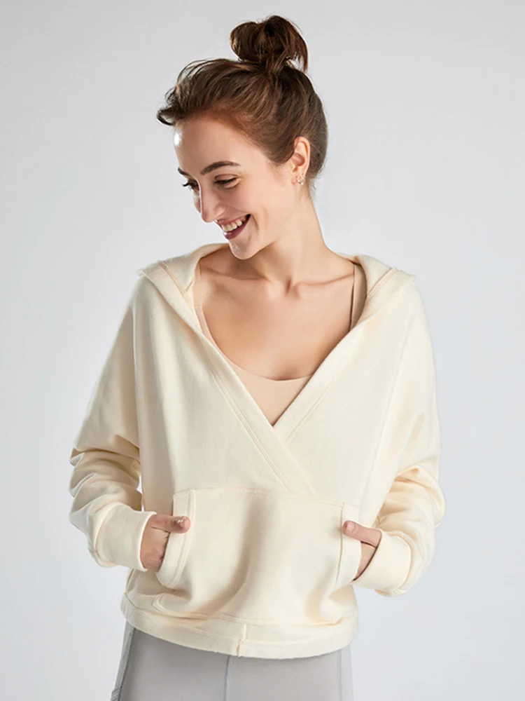 

New Sports Jacket V-neck Hooded Sports Sweater Women's Loose Plus Velvet Outdoor Yoga Clothing Springes Long-sleeved Top