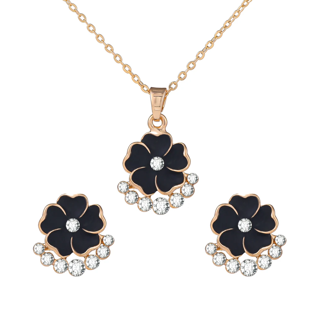 

Korea New Fashion Black Heart Floral Necklace Earrings Sets For Women Exquisite Wedding Party Jewelry Set Accessories Wholesale