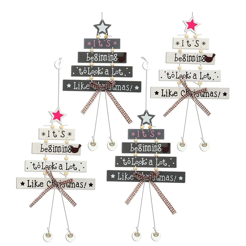 

4Pcs Christmas Wood Tree Pendant Wooden Crafts Wooden Card Hanging Ornaments For Christmas Window Door Decorations