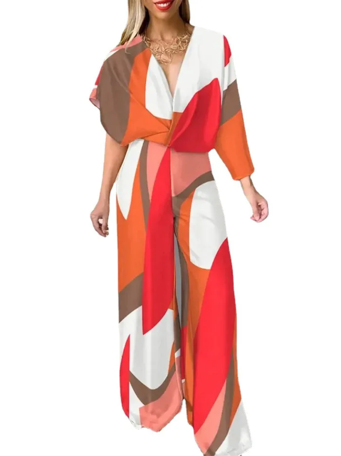 2023 Summer Women's Bodysuit Fashion Sexy Deep V Wide Leg Pants High Waist Printed Pants Premium Street Jumpsuit