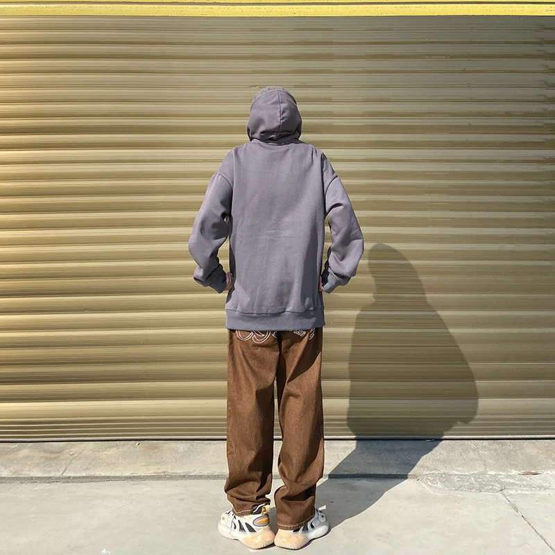 Four Seasons Men's Jeans Fashion Street Hip Hop Straight Patches Loose Versatile Solid Color Wide Leg Pants Street Men Clothing