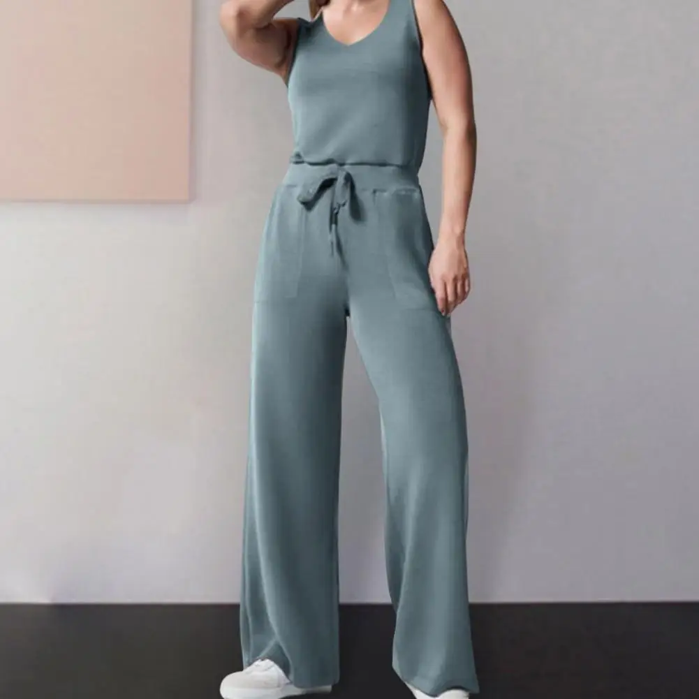 Fashion Work Overalls V-Neck Loose Summer Elastic Waist Drawstring Casual Jumpsuit  Breathable Women Jumpsuit Streetwear