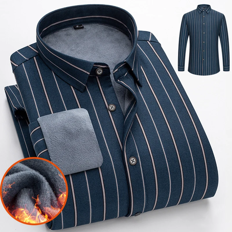 

Formal Shirt For Men 2022 Long Sleeve Fleece Warm Striped Button Shirt Casual Winter Oversized Velvet Clothing Business 5XL