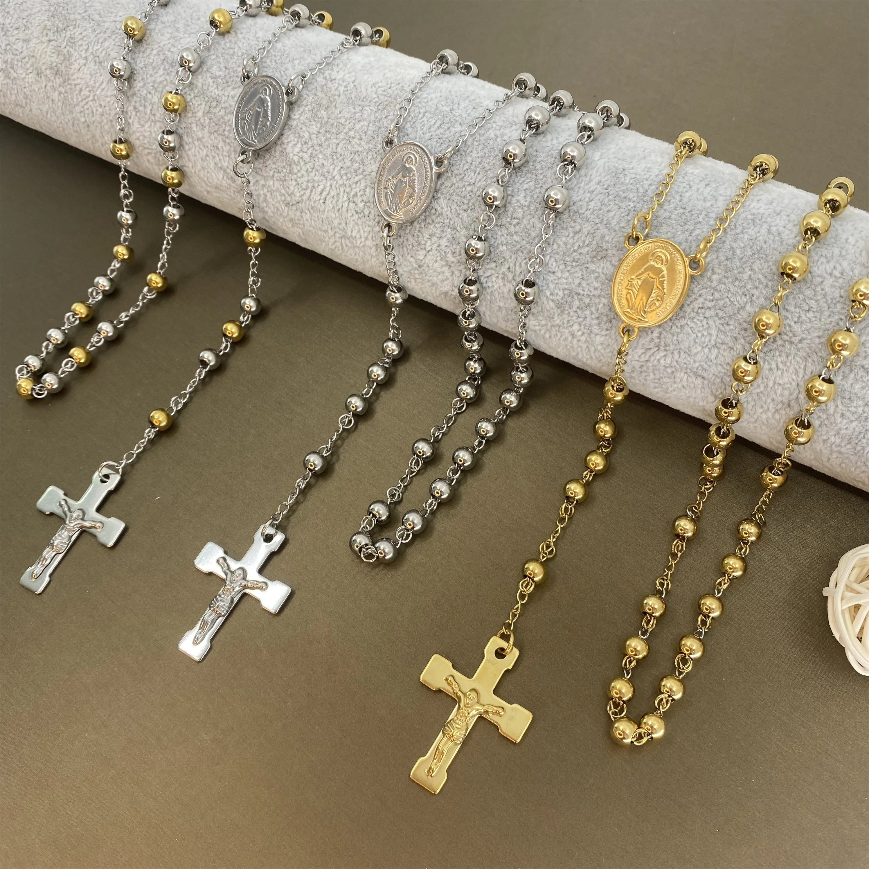 

6mm New Cross Rosary Necklace La Milagrosa Jesus Chain Stainless Steel Jewelry Men and Women
