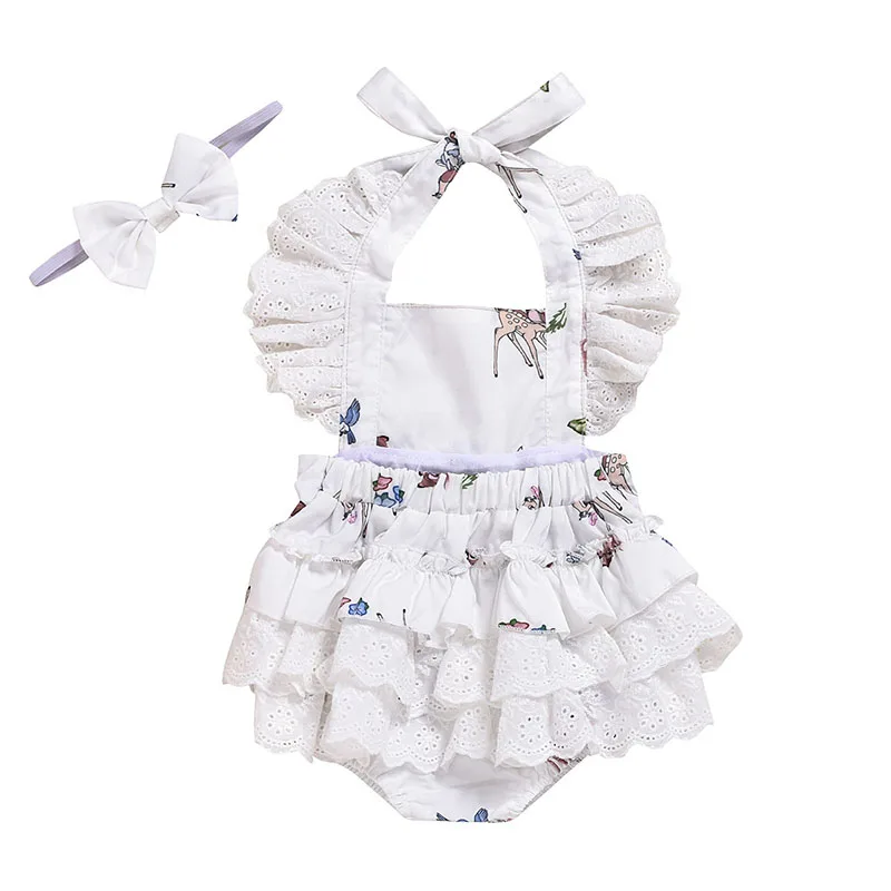 

2022 Newborn Baby Girl Summer Clothes Deer Fawn Print Lace Ruffle Sleeveless Romper Headband 2Pcs Outfits Clothes 0-24 Months