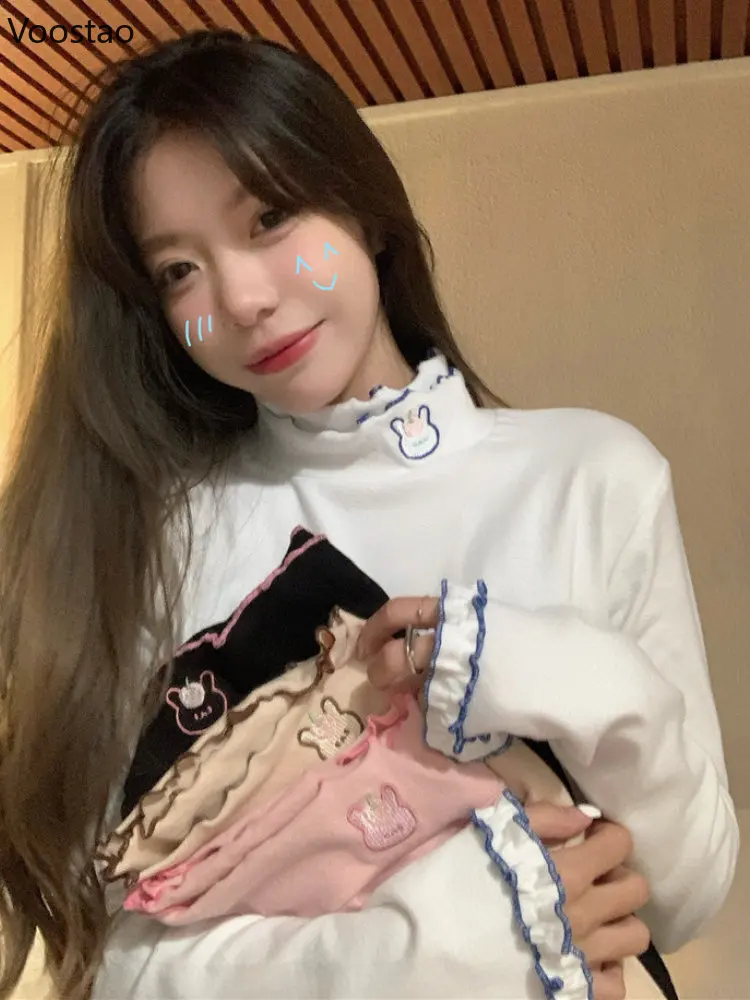 

Autumn Winter Sweet Lolita Bottoming Shirt Women Kawaii Bunny Embroidery Warm T-Shirt Student Girls Cute Long Sleeve Tees Tops