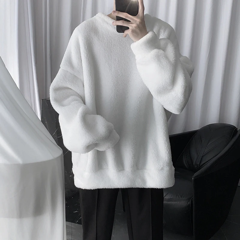 Men's Winter Fluffy Fleece Pullover Plush Hooded Sweatshirt Outwear Warm Streetwear Palace Pullover Outwear O-neck Sweatshirt
