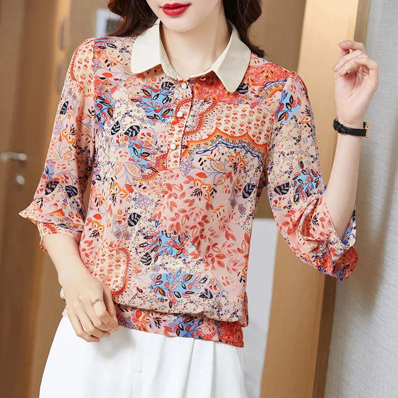 

Chiffon Shirt Ladies Spring Summer New Doll Collar Fashion Blouse Half Sleeves Loose Floral Bottoming Shirt