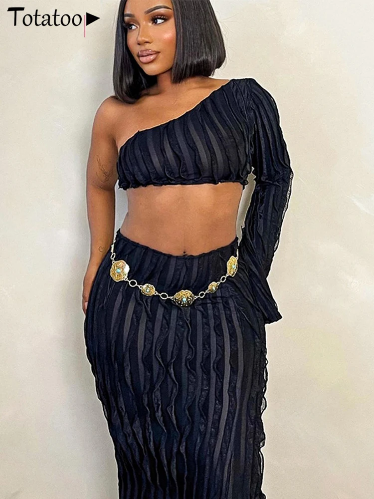 

Totatop Sheer Mesh Transparent Sexy Two Piece Set For Women 2023 Autumn Off One Shoulder Long Sleeve Crop Top And Maxi Skirt Set