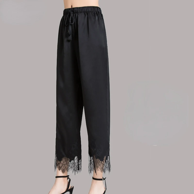 Women's Silk Pants Summer Thin Black Cropped Pants for Women Wide-leg Pants High Waist Straight Mulberry Silk Trousers Zm2739