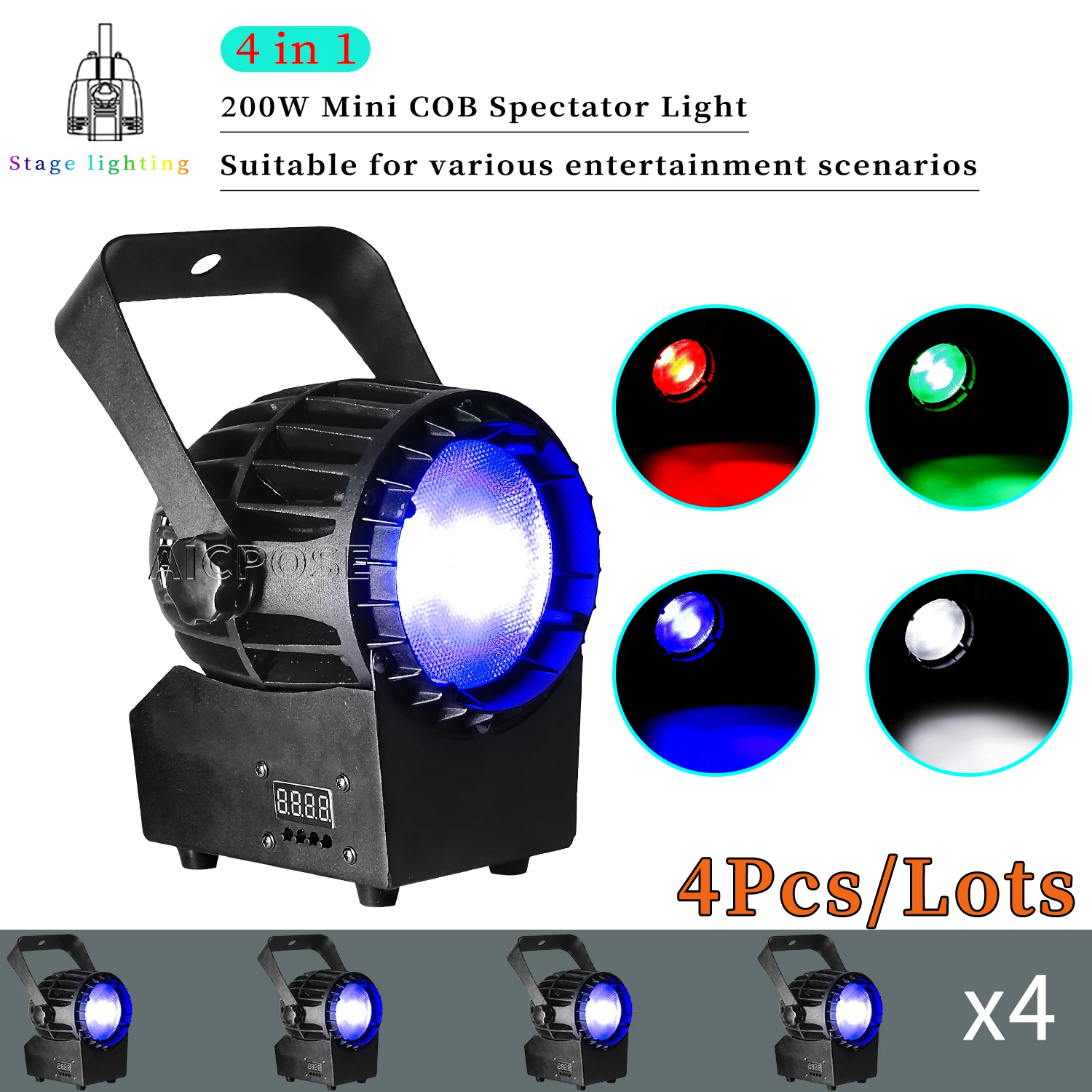 

4Pcs/Lots 200W Mini COB Audience Light RGBW 4in-1 LED Stage Light Cool White/Warm White Light DJ Disco Dance Floor Lighting