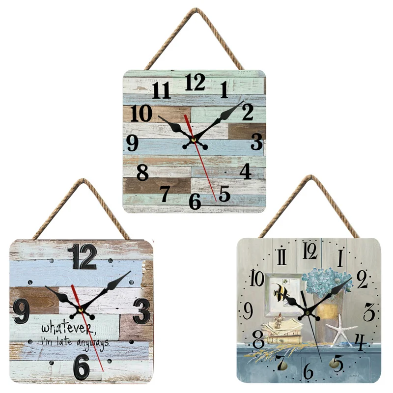 

Wooden Wall Clock Silent Non-Ticking Wood Grain Crack Retro Square Clocks Decor for Home Living Room Pastoral Style Wall Clocks