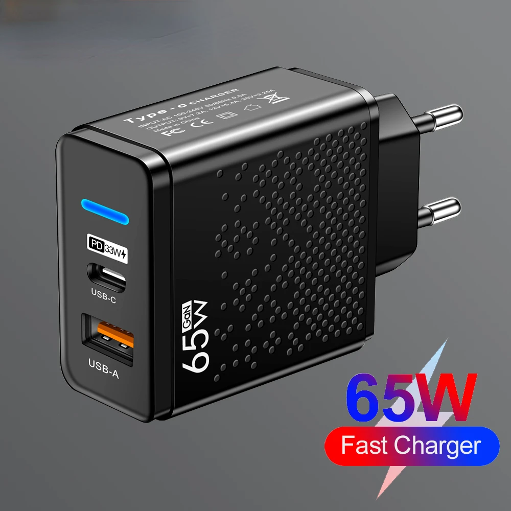 

65W GaN USB Charger PD USB C Fast Charging Moible Phone Adapter For iPhone Samsung Xiaomi Huawei Quick Charge 3.0 Wall Charger