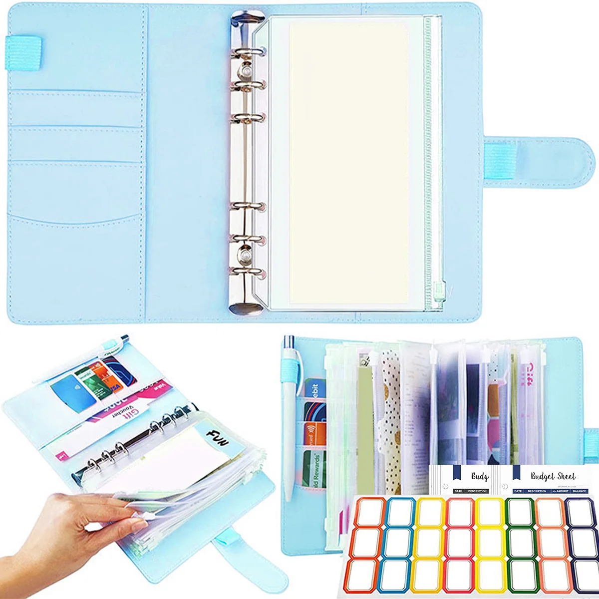 

Multifunctional A6 Budget Binder with 12 Clear Zip Pockets and 12 Budget Sheets PU Cash Envelopes Portable Envelopes Organizer