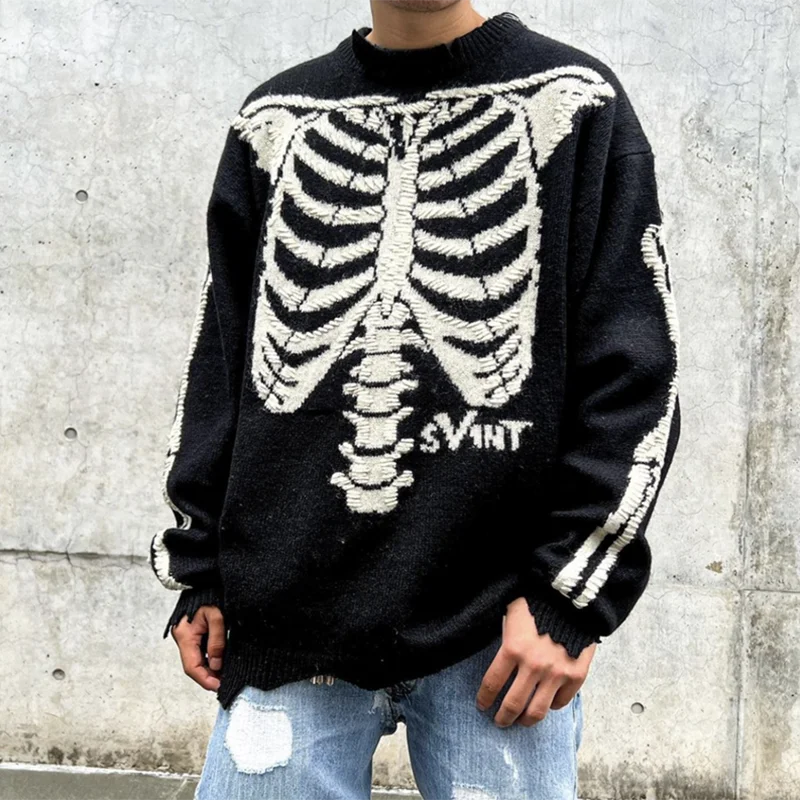 

Black and White Rib Jacquard Damaged Round Neck Sweater Wool Knit Pullovers Skeleton Vintage Halloween Damaged Oversize Sweaters