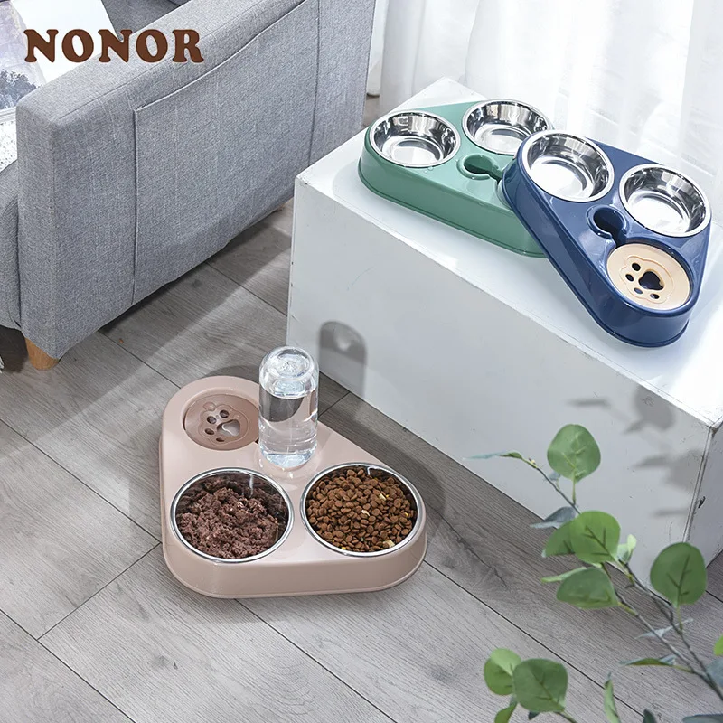 

NONOR Dog Double Bowl Automatic Pet Stainless Steel Feeder Cat Drinker Basin Supplies 500ML Water Bottle Food