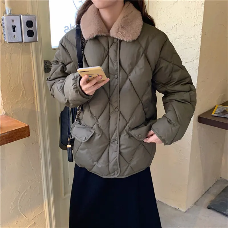 2023 Diamonds Winter Cotton Coat Women Thick Warm Loose Jacket Fur Collar Casual Fashion Womens Outerwear Feminina New Parkas