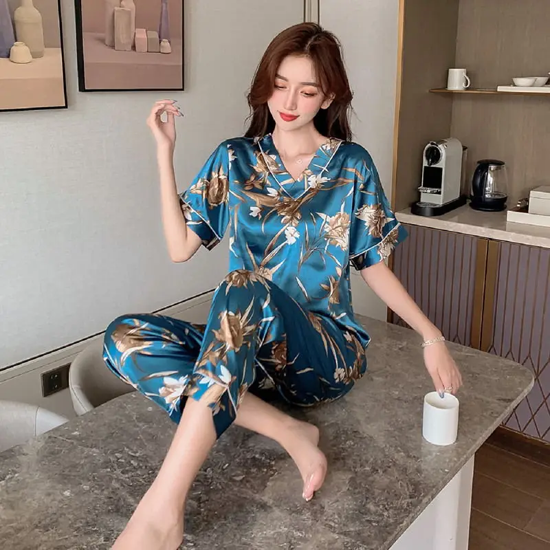 Summer and autumn pajamas women's stretch simulation silk short sleeve long pants V-neck cartoon cute casual ice silk loungewear