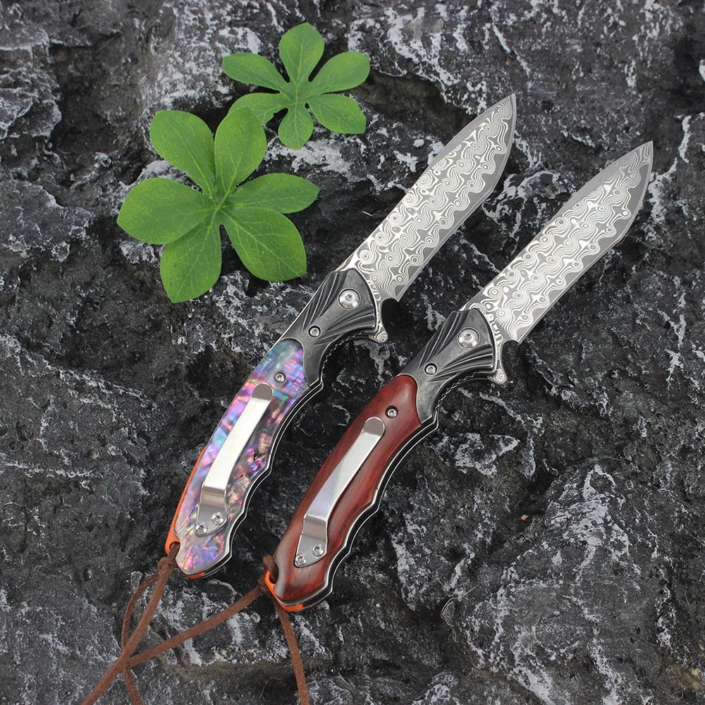 Складной нож из дамасской стали 76 слоев лезвие деревянная ручка