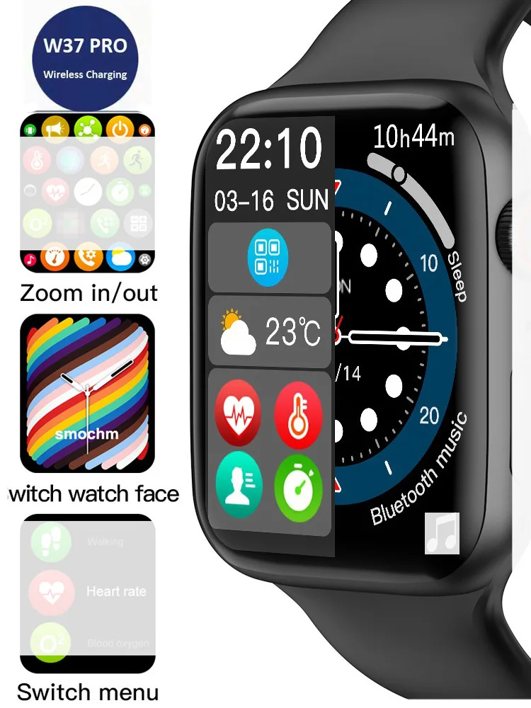 

Умные часы W37pro для фитнеса, мужские и женские наручные часы с сенсорным экраном 1,75 дюйма, ремешок 44 мм, пульсометр, Bluetooth, удобные умные часы д...