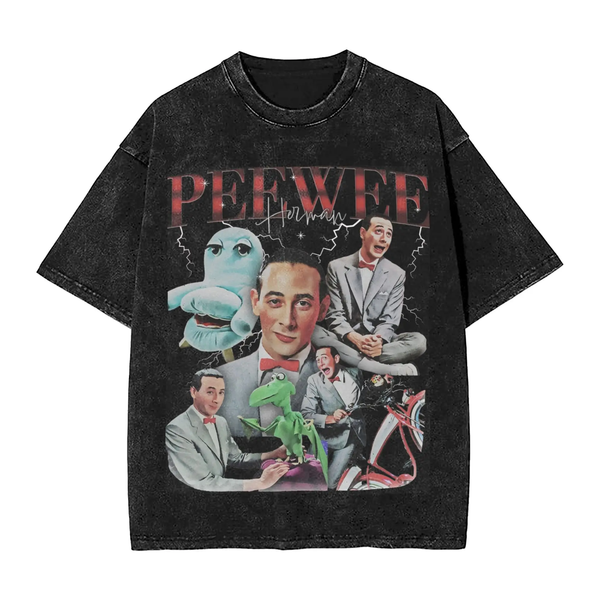 Peewee Herman Коллаж Промытые футболки Уличная одежда Хип-хоп Винтажные Футболки Топы