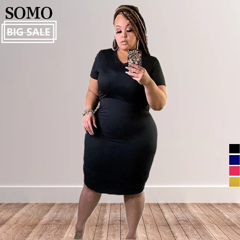 

Платья больших размеров для женщин, Повседневная летняя одежда, однотонное облегающее эластичное женское платье-футболка средней длины, оптовая продажа, Прямая поставка