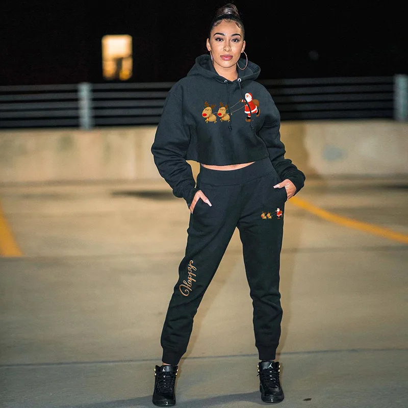 

Winter Christmas Hoodie Tracksuit 2 Piece Long Pants Sets with Pockets Women Long Sleeve Hooded Crop Top Black Outfit Streetwear