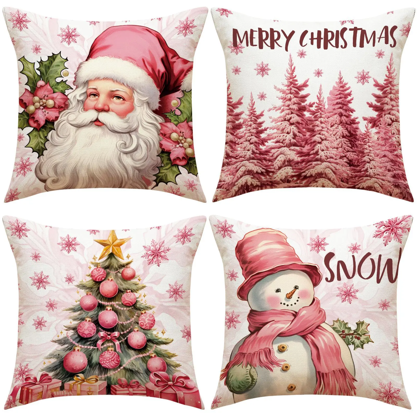 

45X45cm Pink Christmas Pillowcase Santa Claus Snowman Xmas Tree Linen Pillowcover Christmas Party Home Decor Sofa Cushion Cover