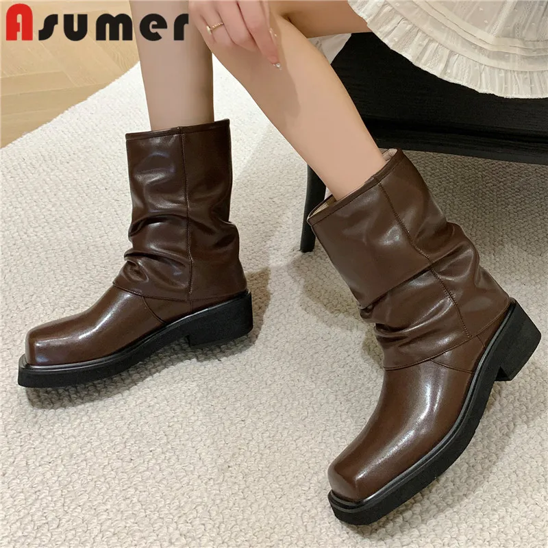 

Женские ботинки без шнуровки ASUMER, из натуральной кожи, Классические ботинки на платформе, до середины икры, на среднем квадратном каблуке, осень 2023