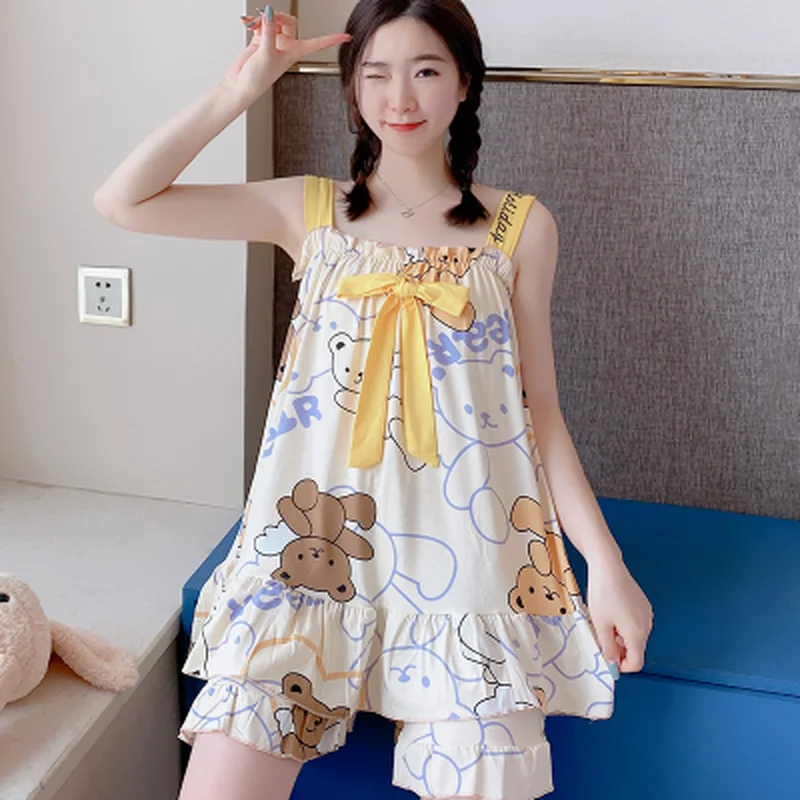 

Летняя одежда для сна для молодых девушек, рубашка, новые шорты на бретельках Dee, сексуальный пижамный комплект, Милая женская домашняя одежда, пижама с принтом, комплект для молодых девушек