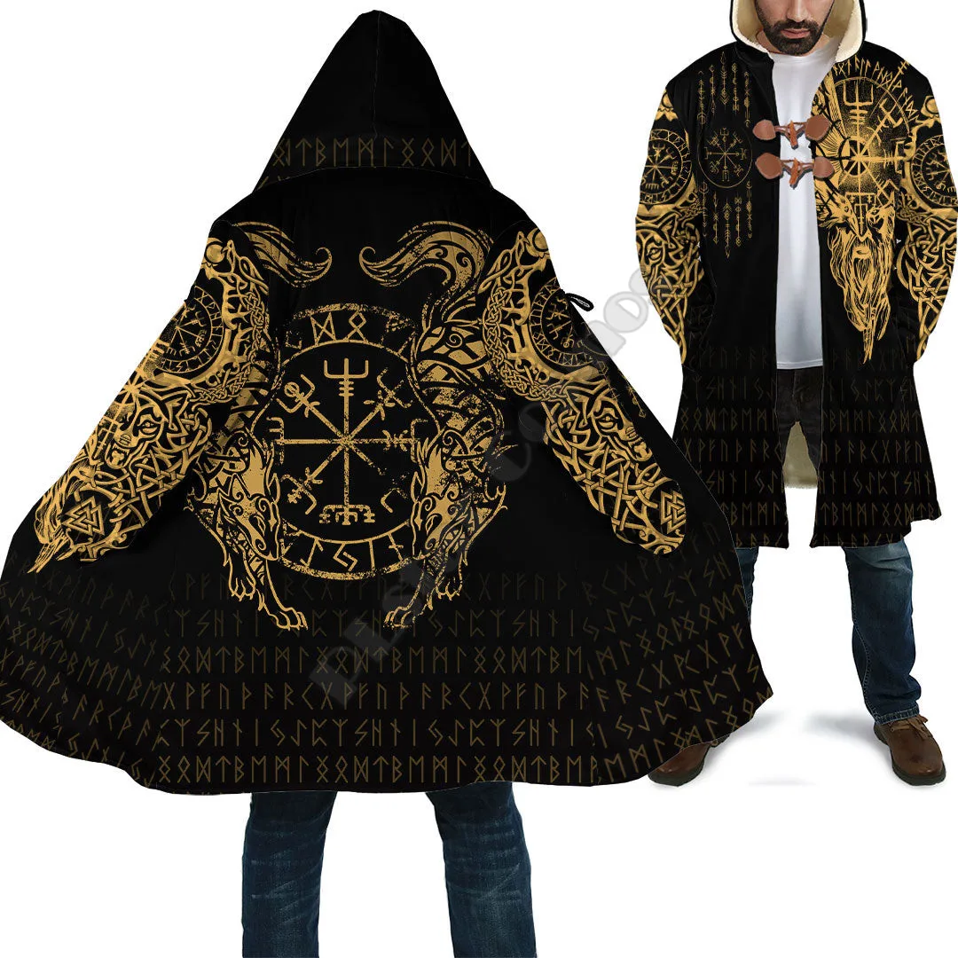 Viking Compass Vegvisir Tattoo Version Cloak 3D All Over Printed Winter Hooded Cloaks Fleece Wind Breaker Unisex Warm Overcoat
