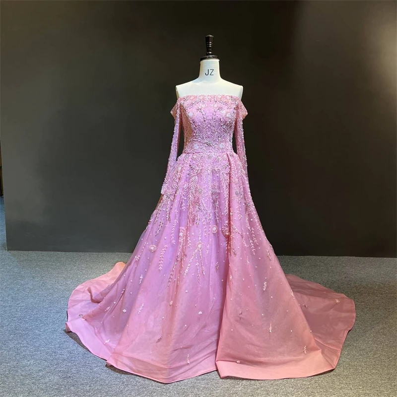 

100%Real Photos فستان سهرة Pink Off the Shoulder Full Sleeves Heavy Beads Formal Prom Party Evening Dress vestido de noche