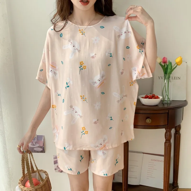 Young La Short Sleeve Pajama Suit One-Size Japanese Style Top Print Round Collar Cotton Set Girl Two Pieces Costume For Sleeping