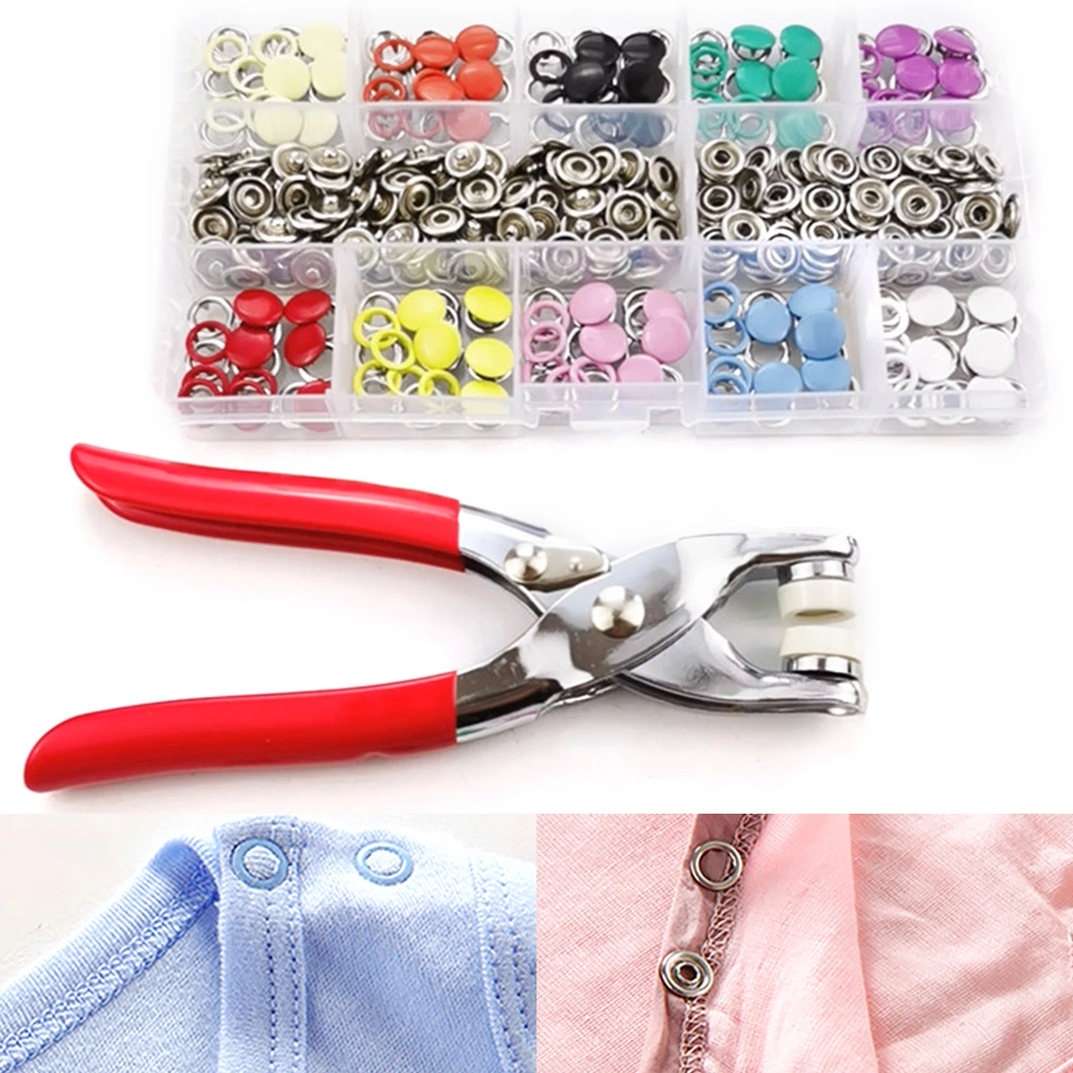 100 Sets Metal Snap Buttons Snap Fasteners Kit Five-Claw 10 Color Snaps with Fastener Pliers Tool for DIY Crafts Clothes Bags