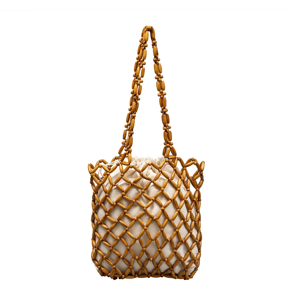

Hand-made Wooden Bead Tote Woven Bag For Women High Quality Hollow Out Shoulder Bags Female Double Leather Drawstring Handbags