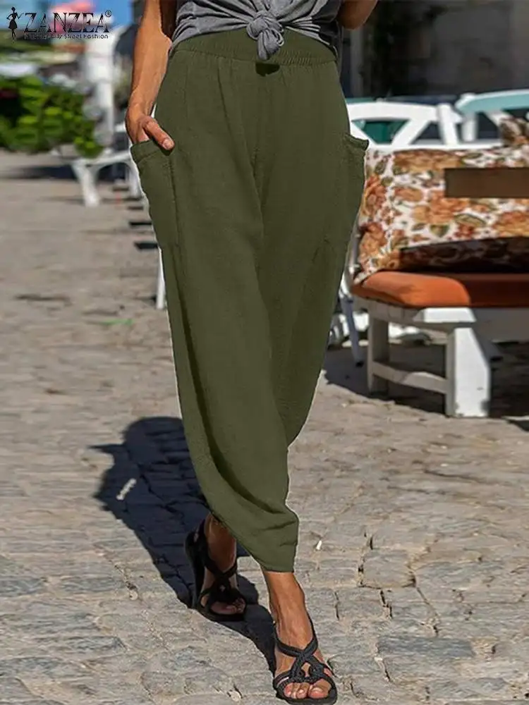 

ZANZEA Fashion Women Spring Elastic Wasit Solid Long Trousers Casual Loose Harem Pants Pantalon Oversized Palazzo Baggy Turnip