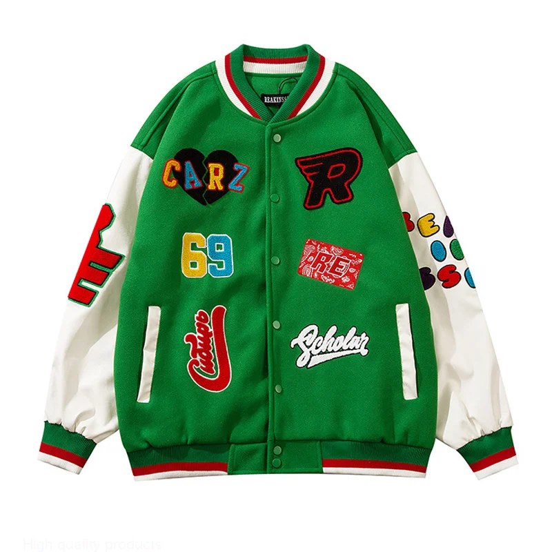 

Flocking Patch Print Baseball Uniform Retro PU Leather Sleeve Splicing Jacket Men Harajuku Style American Couple Bomber Clothing