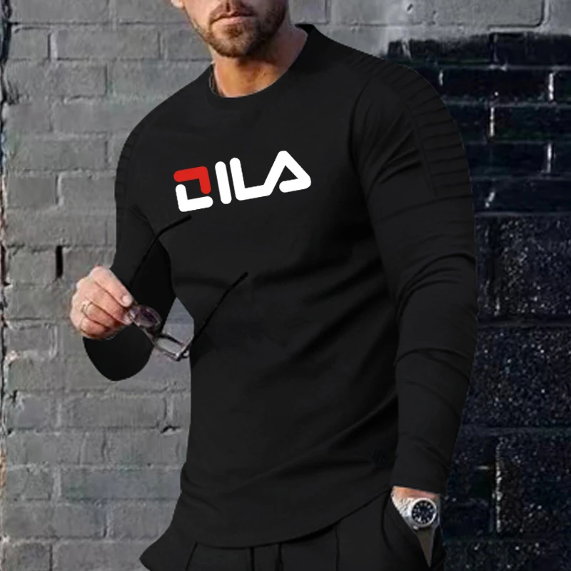 

Men's Spring and Autumn Fashion Long Sleeve T-shirt Men's Solid Round Neck Pleated Leisure Sports T-shirt Top