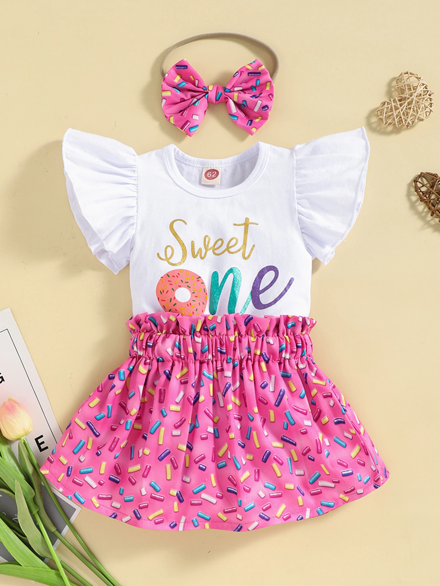 

Baby Girl Floral Print Ruffle Sleeve Round Neck Dress Set Bow Headband
