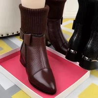 wool mouth boots women 2022 spring and autumn new bow side zipper middle heel square heel pointed toe womens fashion boots