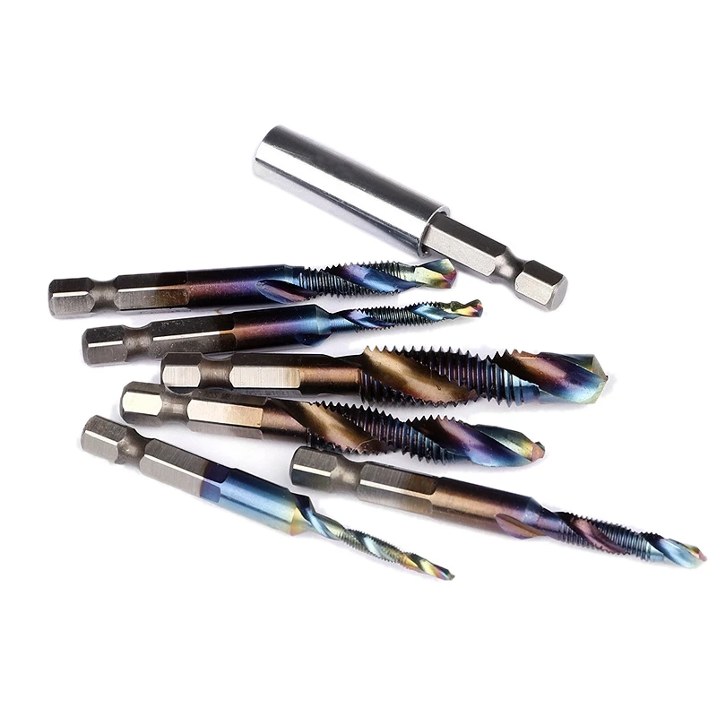 

7Pcs M3-M10 Titanium Coated HSS Spiral Flute Metric Taps Set 1/4inch Hex Shank Screw Taps Tool Set