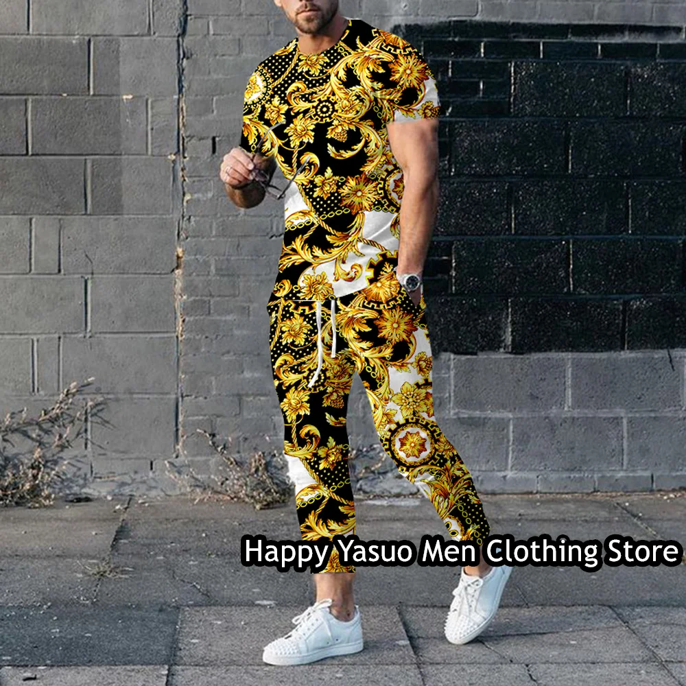 Summer Men‘s T Shirt Trousers Set Luxury Gold Print Male Clothes Outfit Fashion Tracksuit 2 Piece Suit Casual Jogging Sportswear
