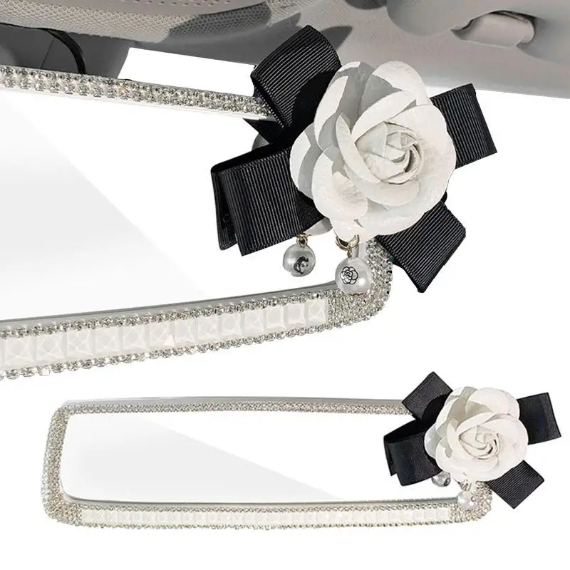 

Bling Rear View Mirror Camellia Car Interior Accessories With Rhinestones Auto Rearview Mirror Decoration For Women Ladies Girls