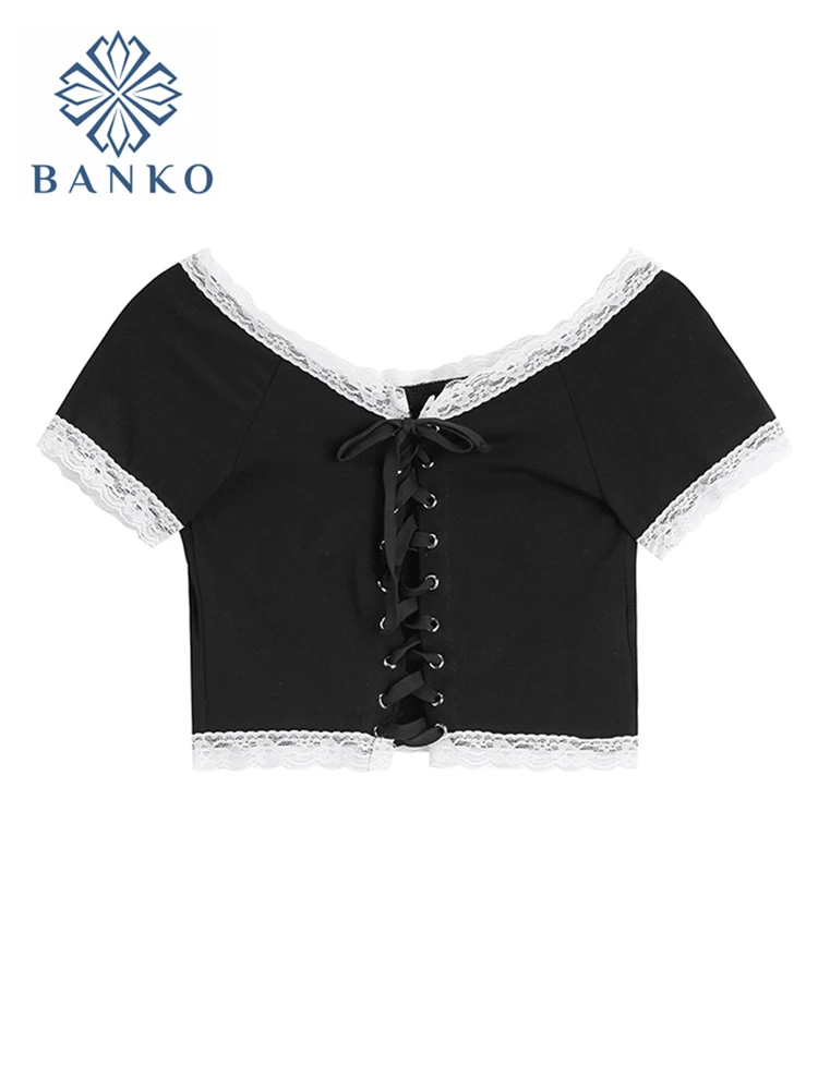 

Harajuku Punk Black Lace Up Tees Crop Top Woman 2021 Summer Casual Bodycon Sexy Lace Low Chest Party Streetwear T-Shirt Female