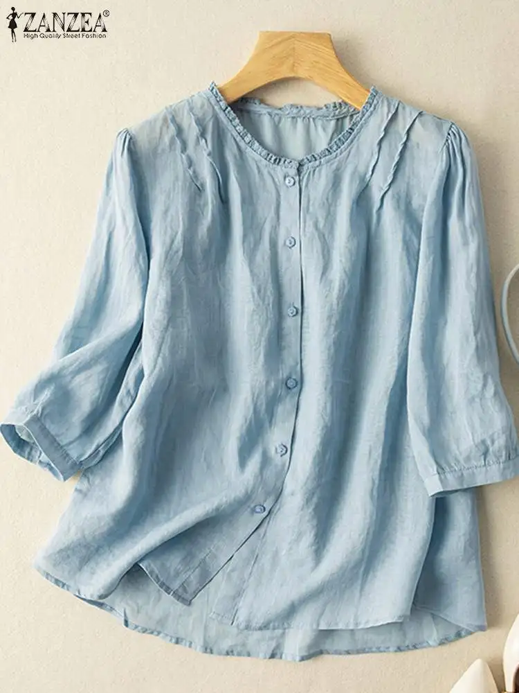 

ZANZEA Fashion Puff Sleeve Shirt Summer O Neck Cotton Tunic Tops Woman Casual Lace Blouse Female Solid OL Work Blusas Oversized