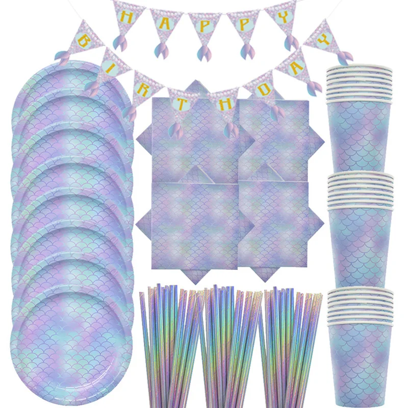 

Mermaid Birthday Party Supplies Disposable Tableware Cup plate paper towel straw banner Sets Kids Parties Favors Decorations
