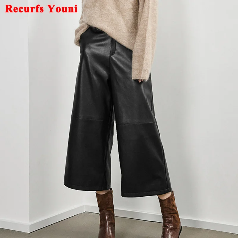Leather Cropped Pants For Women 2023 Spring Fashion Korean Clothing Thin Wide Leg Calf Long Sheepskin Black Trousers Streetwear