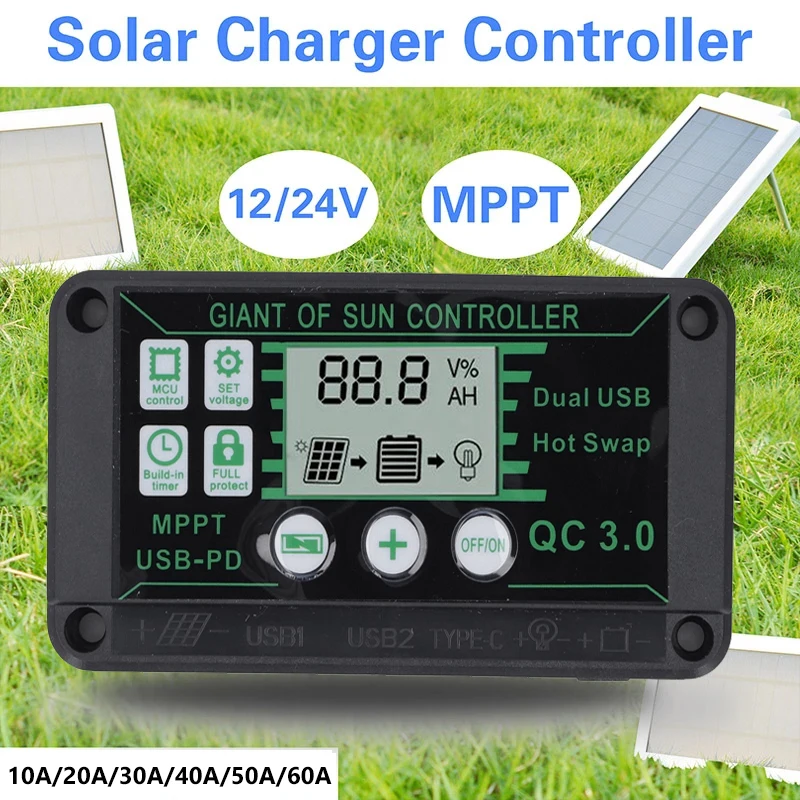 

Waterproof 10A-60A Solar Charge Controller MPPT 12V/24V Charge Controller Dual USB Auto Solar Cell Panel Charger Regulator