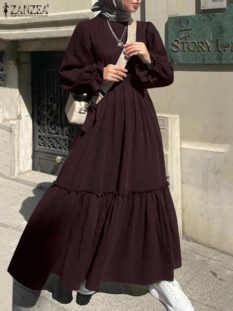 

ZANZEA Layered O-Neck Long Sleeve Solid Sundress Vintage Muslim Dress Autumn Women Long Robe Elegant Islamic Clothing 2023